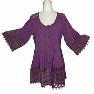 Roaman's Purple Button-down Blouse with Lace Trim 12W